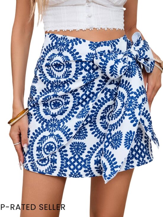 Dresses & Skirts - Boho Wrap Mini Skirt High Waisted Knot Side Allover Print Summer Beach